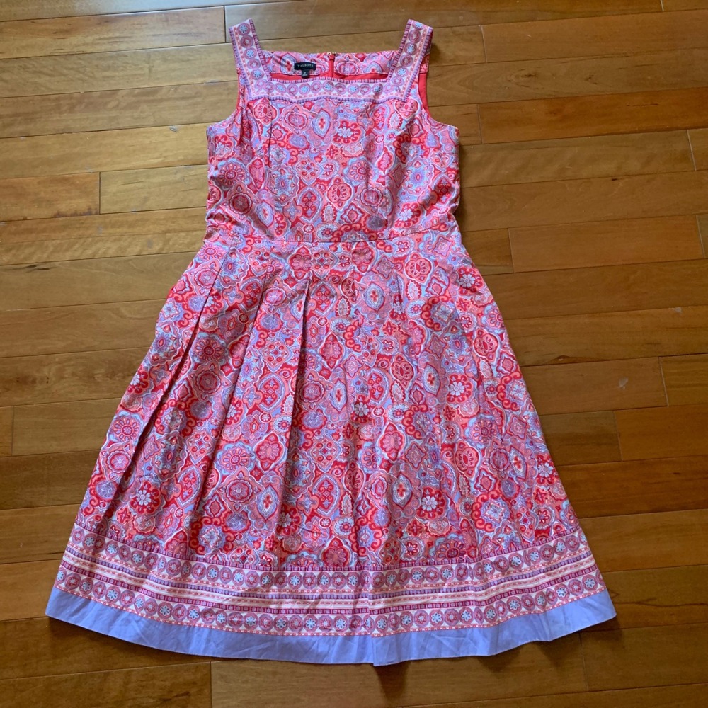 Talbots Medallion Fit & Flare Midi Dress Women's Size 8 Coral and Blue Paisley